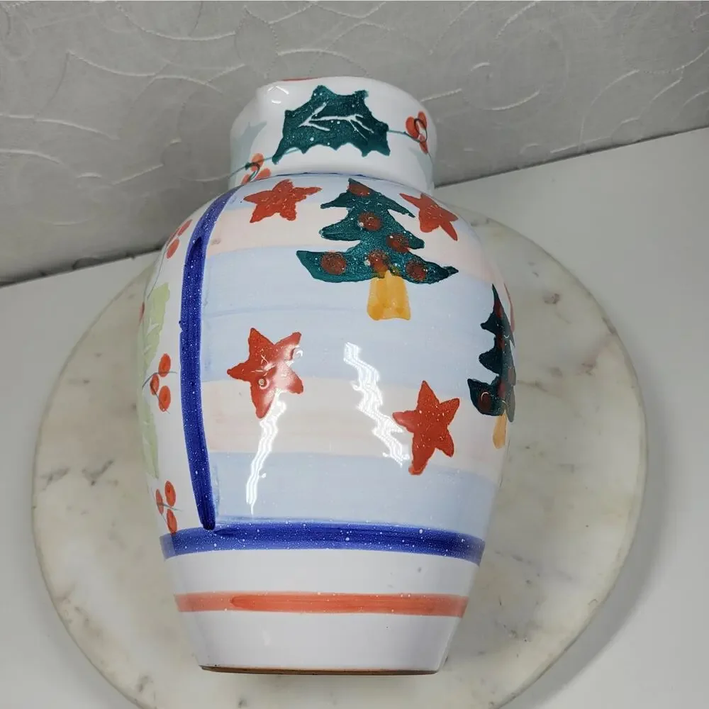 Pier 1 Italian Ceramic Pitcher Hand Painted Christmas Trees Floral Stars